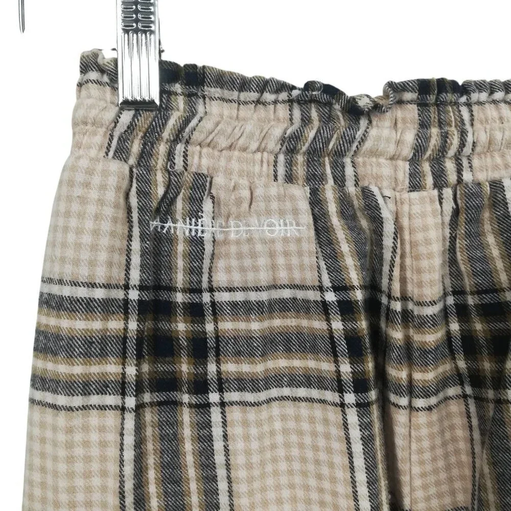 Maniere De Voir Plaid Flannel Wide Leg Pull On Elastic Waist Pants Size 8 Beige